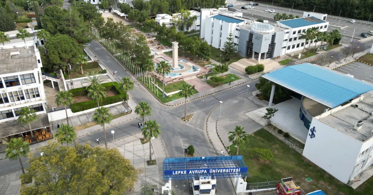 Aerial view of Lefke European University campus showcasing buildings and greenery.