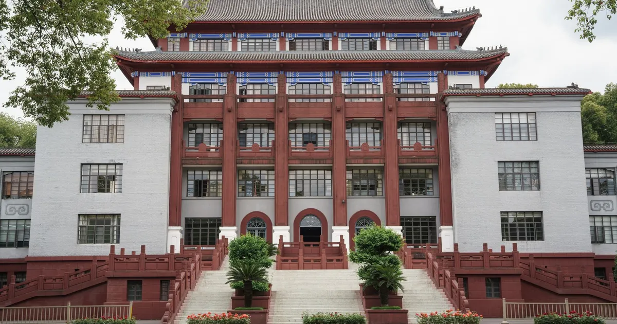 Front view of a traditional building at Sichuan University in Chengdu, showcasing distinct architectural features.