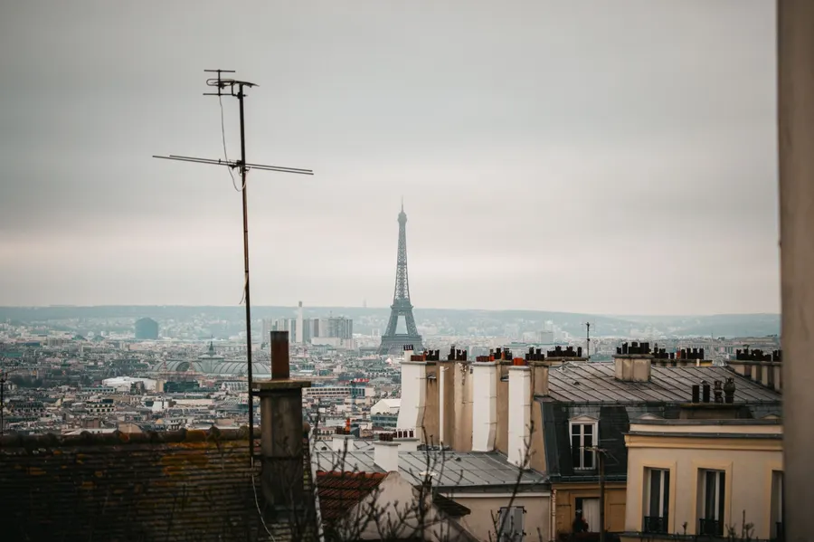 A panoramic view of Paris skyline featuring the Eiffel Tower during winter, showcasing iconic rooftops.