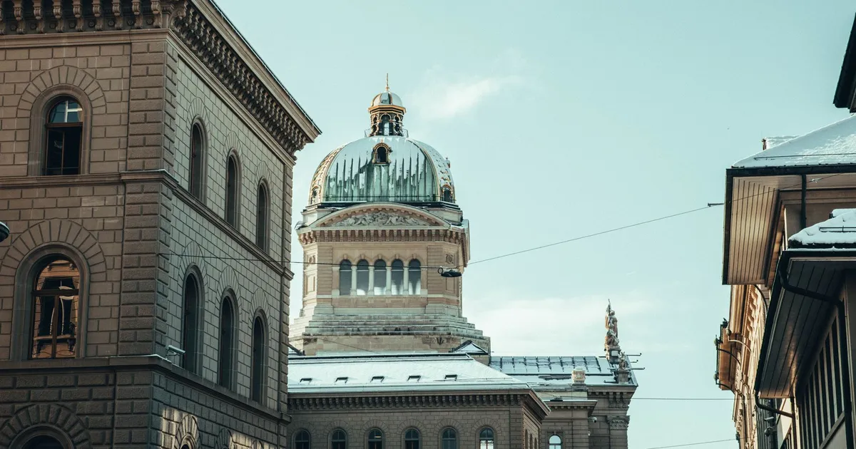 A classic view of a government building in Bern, Switzerland during winter.