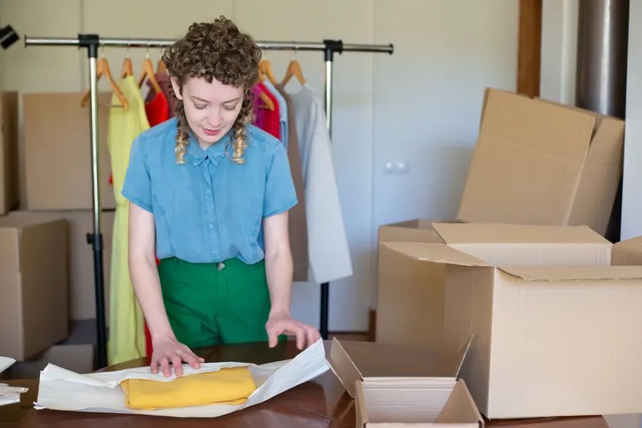 A young female entrepreneur packaging clothes in eco-friendly boxes in her online store workspace.